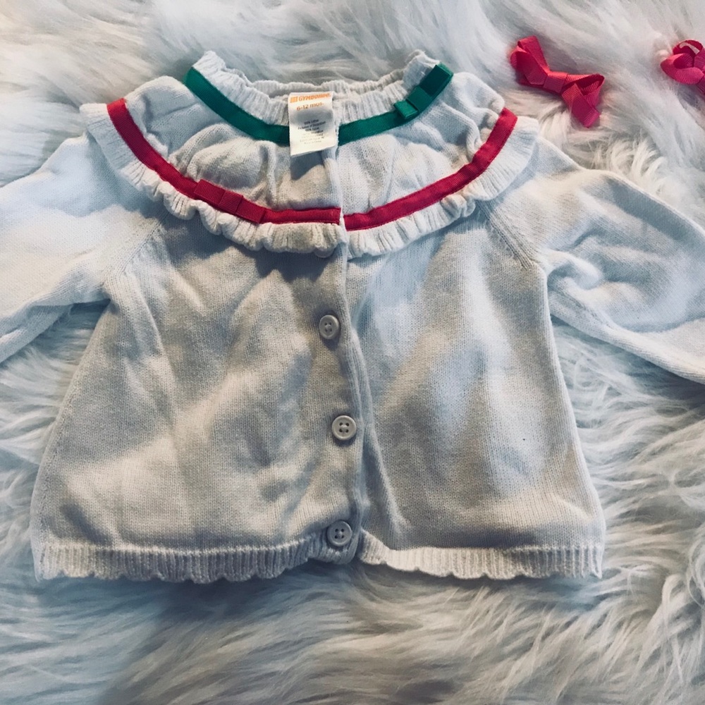 White holiday sweater pink&green trim 6-12 months